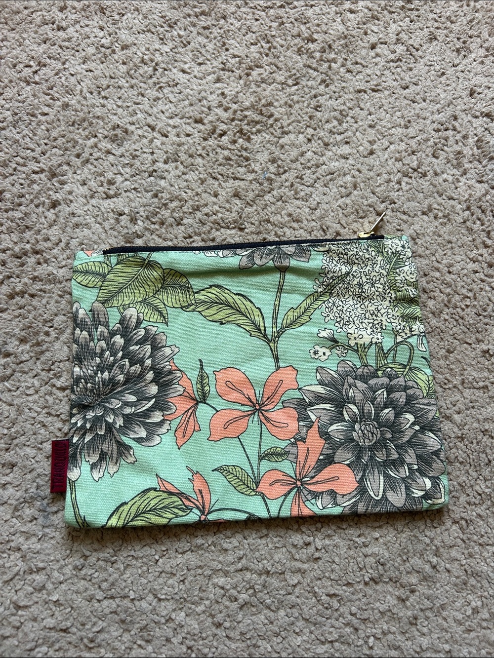 Floral Zip Pouch in Mint Green and Coral